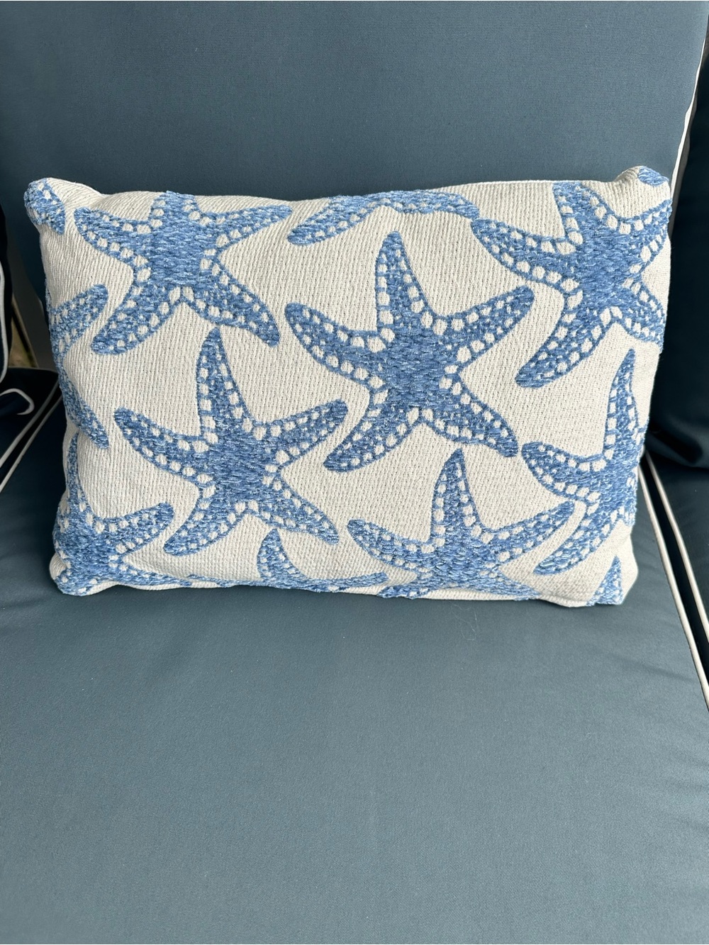 New blue and cream starfish lumbar accent pillow (@18”x11”): 3 available